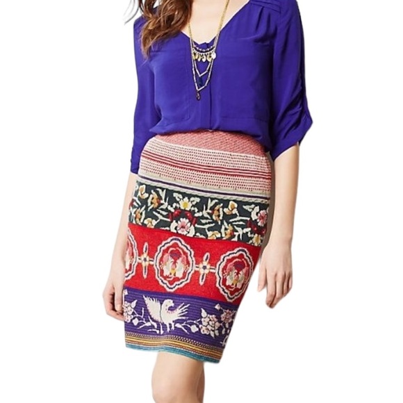 Anthropologie Moth Chava Folk Bird Floral Embroidered Sweater Pencil Skirt - M - Picture 3 of 16